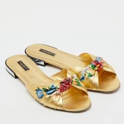 Pre Owned Dolce & Gabbana Gold Leather Floral Print Knot Flat Slide Sandals SIze 41