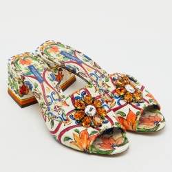 Pre Owned Dolce & Gabbana Multicolor Printed Fabric Crystal Embellished Slide Sandals Size 41