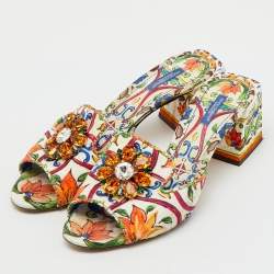 Pre Owned Dolce & Gabbana Multicolor Printed Fabric Crystal Embellished Slide Sandals Size 41