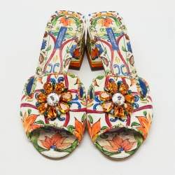 Pre Owned Dolce & Gabbana Multicolor Printed Fabric Crystal Embellished Slide Sandals Size 41