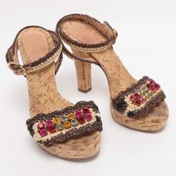 Pre Owned Dolce & Gabbana Beige/Brown Straw Crystal Embellished Ankle Strap Sandals Size 38