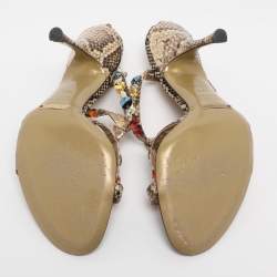 Pre Owned Dolce & Gabbana Beige Python Leather Crystal Embellished Ankle Strap Sandals Size 38.5