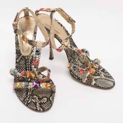Pre Owned Dolce & Gabbana Beige Python Leather Crystal Embellished Ankle Strap Sandals Size 38.5