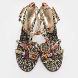 Pre Owned Dolce & Gabbana Beige Python Leather Crystal Embellished Ankle Strap Sandals Size 38.5