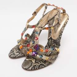 Pre Owned Dolce & Gabbana Beige Python Leather Crystal Embellished Ankle Strap Sandals Size 38.5