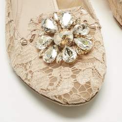 Pre Owned Dolce & Gabbana Beige Lace Crystal Embellish Ballet Flats Size 39