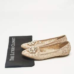 Pre Owned Dolce & Gabbana Beige Lace Crystal Embellish Ballet Flats Size 39
