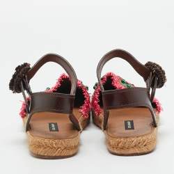 Pre Owned Dolce & Gabbana Multicolor Leather and Raffia Pineapple Kiwi Patch Espadrille Sandals Size 38
