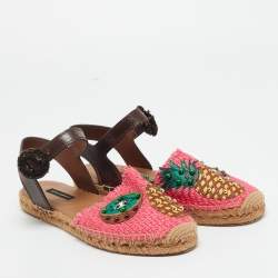 Pre Owned Dolce & Gabbana Multicolor Leather and Raffia Pineapple Kiwi Patch Espadrille Sandals Size 38