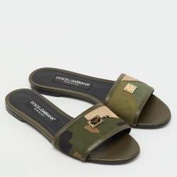Pre Owned Dolce & Gabbana Olive Green Leather and Fabric Camouflage Flat Slide Sandals Size 38