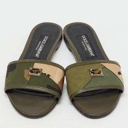 Pre Owned Dolce & Gabbana Olive Green Leather and Fabric Camouflage Flat Slide Sandals Size 38