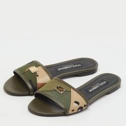 Pre Owned Dolce & Gabbana Olive Green Leather and Fabric Camouflage Flat Slide Sandals Size 38