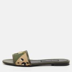 Pre Owned Dolce & Gabbana Olive Green Leather and Fabric Camouflage Flat Slide Sandals Size 38