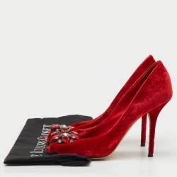 Pre Owned Dolce & Gabbana Red Velvet Taormina Crystal Embellished Peep Toe Pumps Size 38