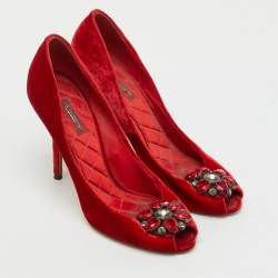 Pre Owned Dolce & Gabbana Red Velvet Taormina Crystal Embellished Peep Toe Pumps Size 38