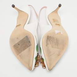 Pre Owned Dolce & Gabbana White Tropical Rose Print Leather Slingback Pumps Size 38.5