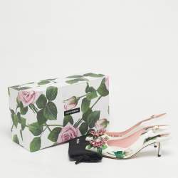 Pre Owned Dolce & Gabbana White Tropical Rose Print Leather Slingback Pumps Size 38.5
