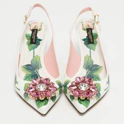 Pre Owned Dolce & Gabbana White Tropical Rose Print Leather Slingback Pumps Size 38.5