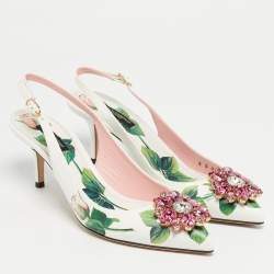 Pre Owned Dolce & Gabbana White Tropical Rose Print Leather Slingback Pumps Size 38.5
