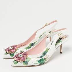 Pre Owned Dolce & Gabbana White Tropical Rose Print Leather Slingback Pumps Size 38.5