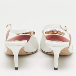 Pre Owned Dolce & Gabbana White Tropical Rose Print Leather Slingback Pumps Size 38.5