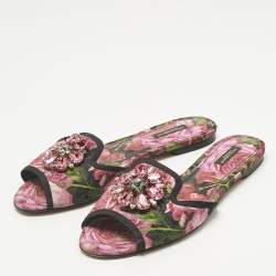 Pre Owned Dolce & Gabbana Multicolor Brocade Fabric DG Logo Flat Slides Size 39.5