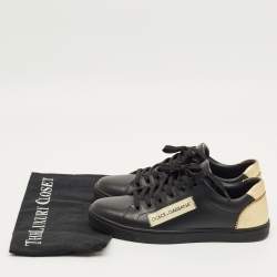 Pre Owned Dolce & Gabbana Black/Gold Portofino Leather Logo Lace Up Sneakers Size 38.5