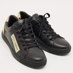 Pre Owned Dolce & Gabbana Black/Gold Portofino Leather Logo Lace Up Sneakers Size 38.5