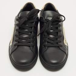 Pre Owned Dolce & Gabbana Black/Gold Portofino Leather Logo Lace Up Sneakers Size 38.5