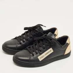Pre Owned Dolce & Gabbana Black/Gold Portofino Leather Logo Lace Up Sneakers Size 38.5