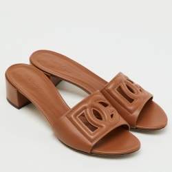 Pre Owned Dolce & Gabbana Brown Leather DG Cut Out Slide Sandals Size 37.5