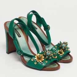 Pre Owned Dolce & Gabbana Green Lizard Embossed Leather Embellished Ankle Strap Sandals Size 40