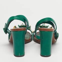 Pre Owned Dolce & Gabbana Green Lizard Embossed Leather Embellished Ankle Strap Sandals Size 40