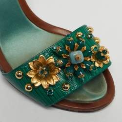 Pre Owned Dolce & Gabbana Green Lizard Embossed Leather Embellished Ankle Strap Sandals Size 40