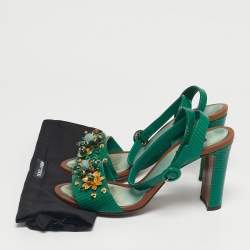 Pre Owned Dolce & Gabbana Green Lizard Embossed Leather Embellished Ankle Strap Sandals Size 40