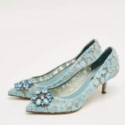 Pre Owned Dolce & Gabbana Blue Lace And Mesh Bellucci Crystal Embellished Pumps Size 39