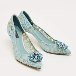 Pre Owned Dolce & Gabbana Blue Lace And Mesh Bellucci Crystal Embellished Pumps Size 39