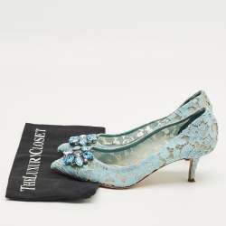 Pre Owned Dolce & Gabbana Blue Lace And Mesh Bellucci Crystal Embellished Pumps Size 39