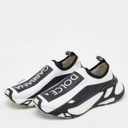 Pre Owned Dolce & Gabbana White/Black Knit Fabric Sorrento Stretch Slip On Sneakers Size 38