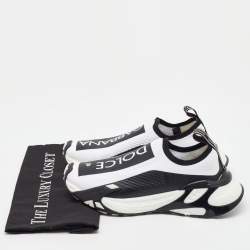 Pre Owned Dolce & Gabbana White/Black Knit Fabric Sorrento Stretch Slip On Sneakers Size 38