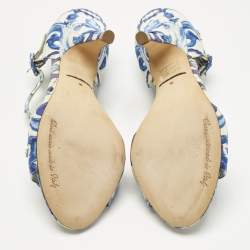 Pre Owned Dolce & Gabbana Blue Brocade Fabric Crystal Embellish Majolica Ankle Strap Sandals Size 36