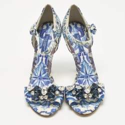 Pre Owned Dolce & Gabbana Blue Brocade Fabric Crystal Embellish Majolica Ankle Strap Sandals Size 36
