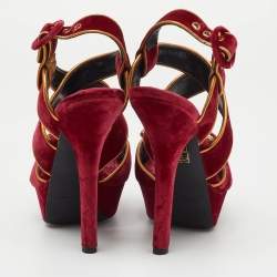 Pre Owned Dolce & Gabbana Red Velvet and Leather Crystal Embellished Platform Sandals Size 36