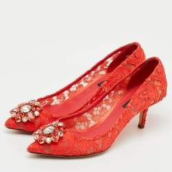 Pre Owned Dolce & Gabbana Orange Lace Crystal Embellished Bellucci Pumps Size 37.5