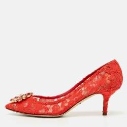 Pre Owned Dolce & Gabbana Orange Lace Crystal Embellished Bellucci Pumps Size 37.5