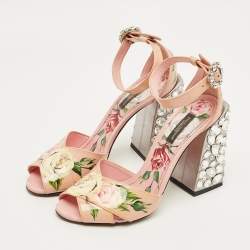 Pre Owned Dolce & Gabbana Pink Flower Print Patent Leather Crystal Embellished Ankle Strap Sandals Size 37
