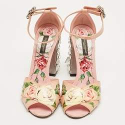 Pre Owned Dolce & Gabbana Pink Flower Print Patent Leather Crystal Embellished Ankle Strap Sandals Size 37