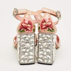 Pre Owned Dolce & Gabbana Pink Flower Print Patent Leather Crystal Embellished Ankle Strap Sandals Size 37