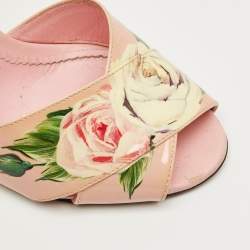 Pre Owned Dolce & Gabbana Pink Flower Print Patent Leather Crystal Embellished Ankle Strap Sandals Size 37