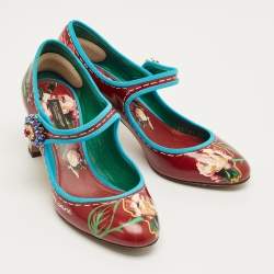 Pre Owned Dolce & Gabbana Burgundy Flower Print Patent Leather Mary Jane Pumps Size 37